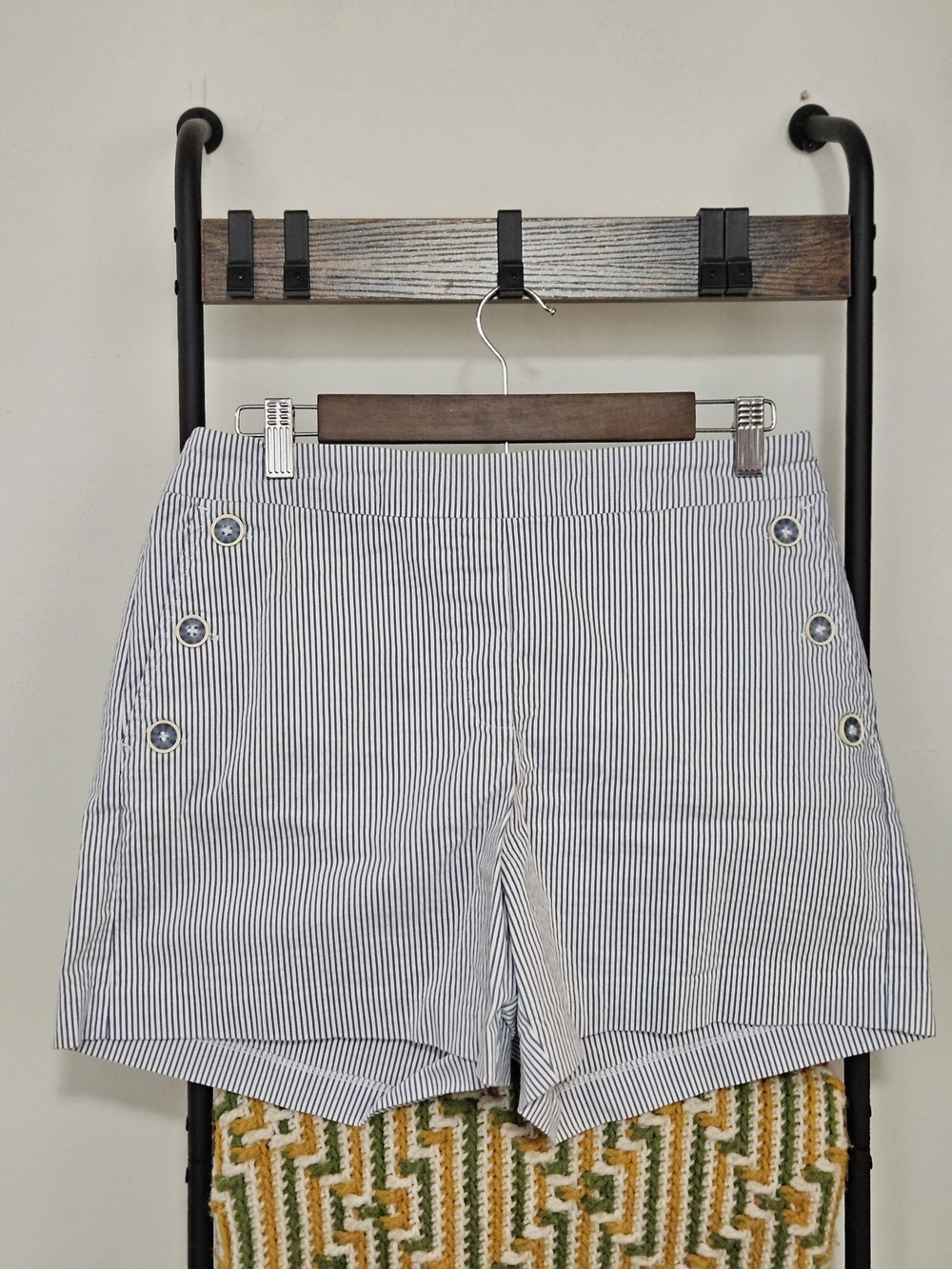 Striped Navy and White Button-Accent Bermuda Shorts
